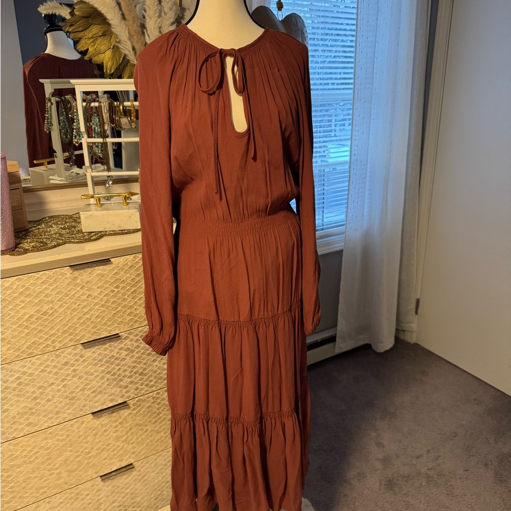 Free People Brown Long Sleeve Sundress with Tie Neck and Bishop Sleeves